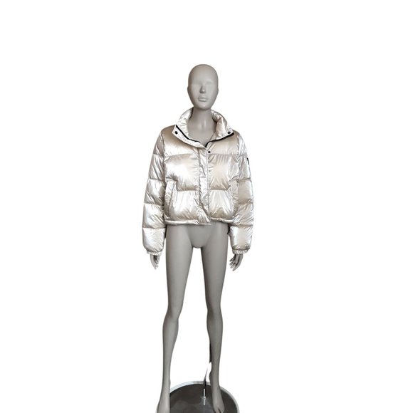 Calvin Klein Light Metallic Gold Puffer Cropped Jacket - Picture 1 of 7